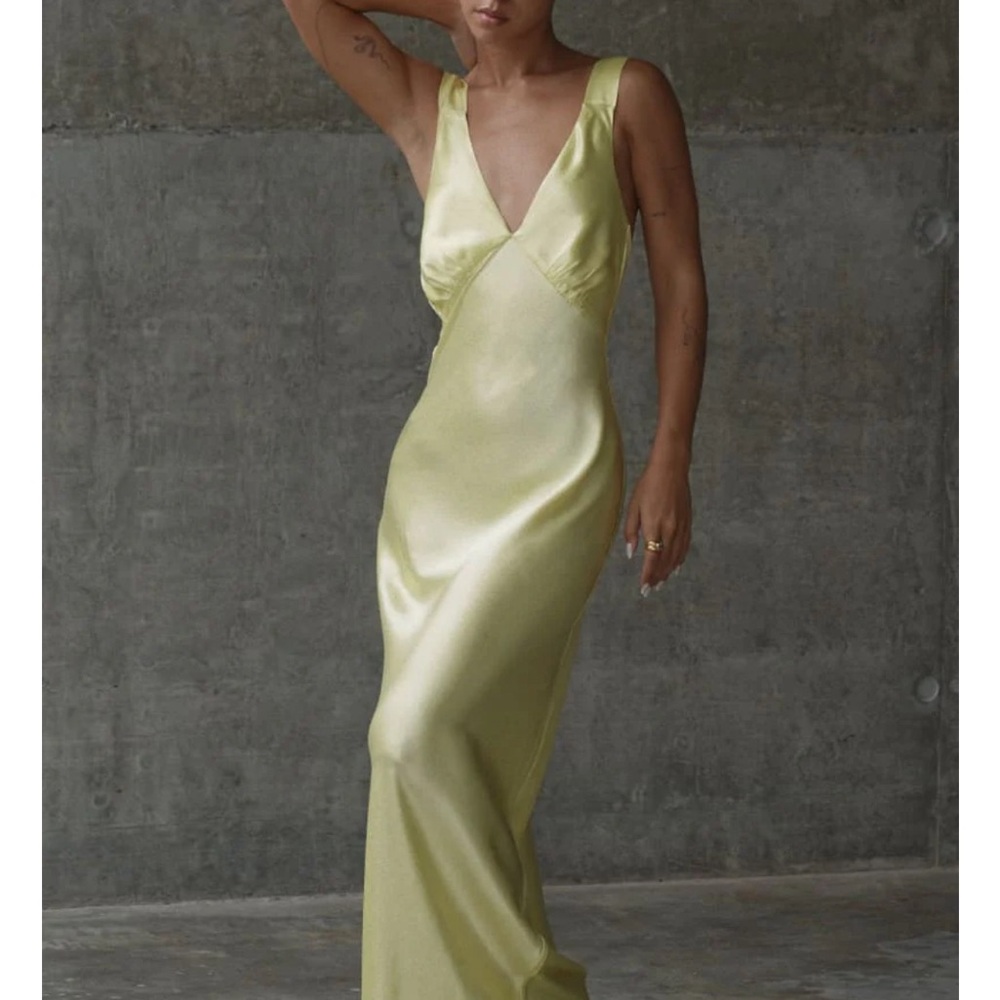 Sunset strip maxi satin dress in yellow by Rumored